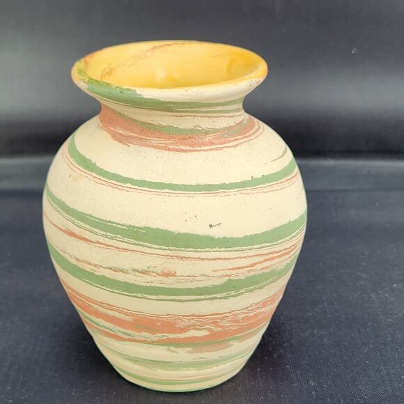 VTG 4" Pottery Vase Green Swirl Silver Springs Florida NILOAK STYLE Brush Holder - Picture 3 of 8